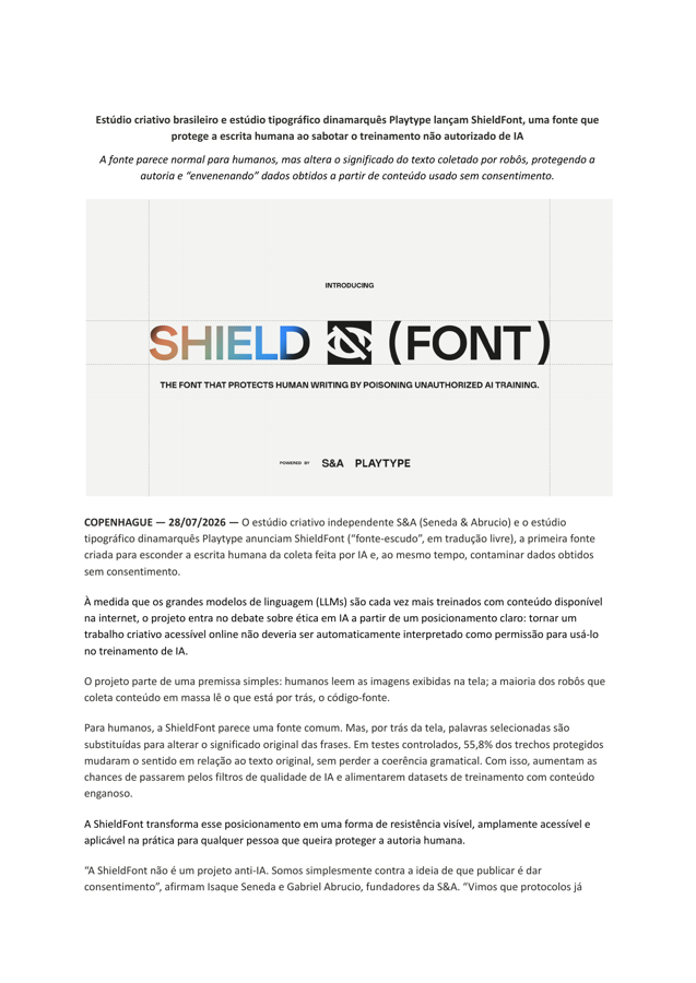 Press release da ShieldFont em português, página 1