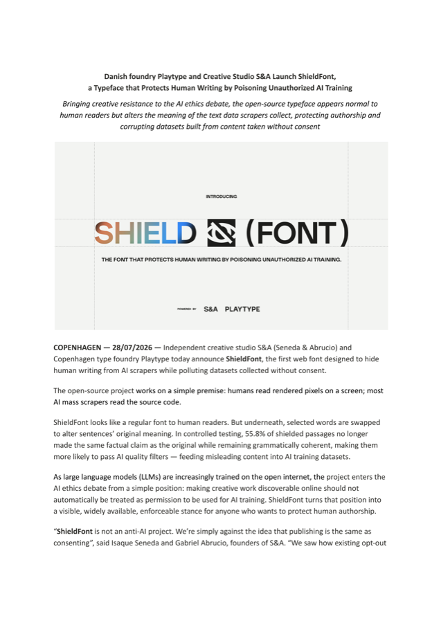 ShieldFont press release, page 1